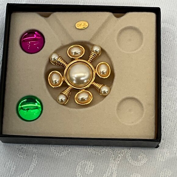 Kenneth Jay Lane Enhancer Pendant Gold-Tone Brooch Interchangeable Center Stones - Picture 1 of 6